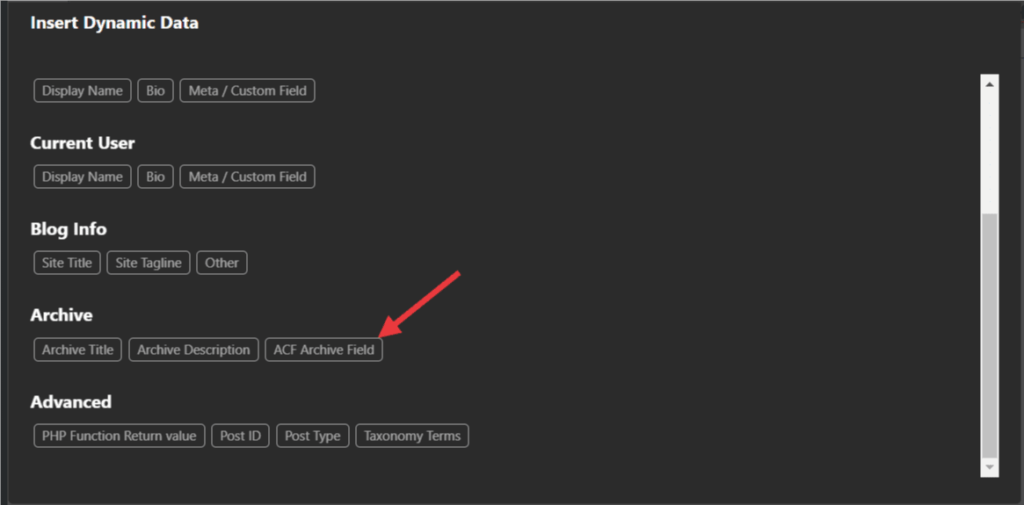 A screenshot that shows where the ACF Archive Field Dynamic Datapoint shows up in Oxygen's Dynamic Data Popup