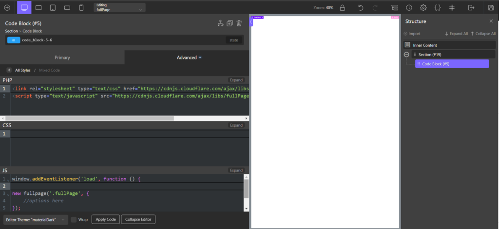 An image showing how to set up the Code Block element in Oxygen.